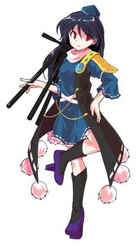 1girl alphes_(style) black_socks blue_dress blue_hair blue_shoes coat commentary_request dairi dress frilled_dress frills full_body gem geta hat holding holding_tripod iizunamaru_megumu kneehighs large_variant_set long_hair parody pointy_ears pom_pom_(clothes) purple_sandals ribbon_trim sandals shoes shoulder_guard sleeveless sleeveless_coat socks solo standing style_parody tachi-e tengu tengu-geta tokin_hat touhou transparent_background tripod variant_set