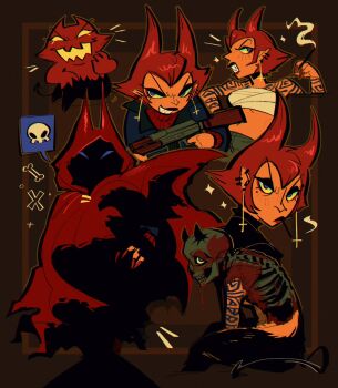 blood blue_eyes cassandra_(pico) cloak demon_girl demon_horns demon_tail fingernails highres hood hooded_cloak horn-shaped_hair horns inverted_cross_earrings nail_polish pico_(newgrounds_series) pointy_ears red_cloak red_hair sharp_fingernails sharp_teeth skeleton tail teeth vertiiyy