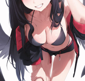 1girl absurdres bikini bikini_bottom_under_shorts bikini_under_clothes black_bikini black_hair black_jacket black_shorts black_wings blue_archive breasts commentary eyes_out_of_frame feathered_wings grin head_out_of_frame highres ichika_(blue_archive) ichika_(swimsuit)_(blue_archive) jacket leaning_forward long_hair low_wings navel official_alternate_costume rkin shorts simple_background smile solo swimsuit symbol-only_commentary white_background wings