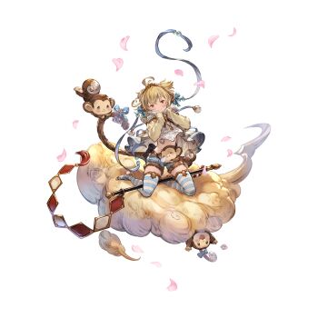 1girl andira_(flower_frolic)_(granblue_fantasy) andira_(granblue_fantasy) blonde_hair blush_stickers cherry_blossoms cleavage_cutout clothing_cutout cloud erune flying_nimbus full_body fur_trim granblue_fantasy hair_ornament headband minaba_hideo monkey monkey_tail nose_bubble official_art red_eyes short_hair shorts sitting sleeping staff striped_clothes striped_thighhighs tail thighhighs transparent_background