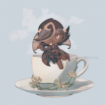 Rule 34 | 1boy, androgynous, barefoot, black cape, black coat, black hair, blue background, brown-framed eyewear, brown hair, brown streaks, cape, closed mouth, coat, commentary, cookie run, cookie run: kingdom, crossed legs, cup, dark-skinned male, dark skin, english commentary, espresso cookie, eye contact, flipped hair, flower, full body, glasses, hair over one eye, hand up, highres, jiume (a89959341), long sleeves, looking at another, looking at viewer, male focus, multicolored hair, no nose, no sclera, oversized object, pink eyes, plate, round eyewear, simple background, sitting, sitting on object, slit pupils, smile, solo, steam, streaked hair, teacup, twitter username, two-tone hair, yellow flower