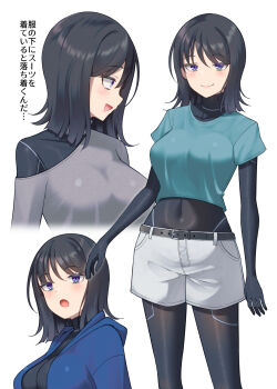 1girl :d black_hair breasts closed_mouth commentary_request covered_navel gurande_(g-size) highres large_breasts multiple_views open_mouth original profile shirt shorts simple_background smile translation_request white_background