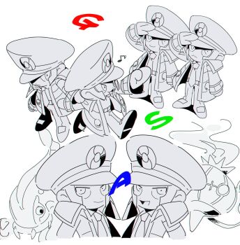 Rule 34 | brothers, chandelure, chibi, chibi only, collared coat, commentary request, eelektross, emmet (pokemon), frown, gen 5 pokemon, greyscale, highres, ingo (pokemon), kari (user grrs8577), monochrome, multiple views, musical note, necktie, nintendo, open mouth, pokemon, pokemon (creature), pokemon bw, salute, siblings, smile, spot color, twins