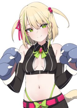 1girl animal_hands belt black_shorts black_sleeves blonde_hair bow braid breasts brooch closed_mouth commentary cowboy_shot crop_top detached_sleeves english_commentary fuzuki_miki fuzuki_miki_(1st_costume) green_bow green_eyes green_streaks hair_ornament highleg highleg_panties highres indie_virtual_youtuber jewelry looking_at_viewer midriff multicolored_hair navel panties panty_straps pink_belt pink_ribbon ribbon shirt short_hair shorts side_braid simple_background single_braid sleeveless sleeveless_shirt small_breasts smile solo streaked_hair striped_clothes striped_shirt striped_sleeves tail two_side_up underwear valefal_coneri virtual_youtuber white_background
