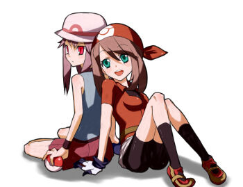 00s 2girls bandana bare_shoulders bike_shorts brown_hair gloves green_eyes hat holding holding_poke_ball latex leaf_(pokemon) may_(pokemon) multiple_girls nintendo poke_ball poke_ball_(basic) pokemon pokemon_frlg pokemon_rse porkpie_hat red_eyes sitting skirt smile socks tank_(artist) wristband