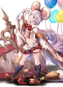 Rule 34 | 1girl, absurdres, animal, animal ears, balloon, black bow, black socks, bow, bowtie, breasts, brooch, buttons, collared shirt, crop top, double-breasted, fake animal ears, frilled skirt, frills, full body, granblue fantasy, groin, hair ornament, hairclip, heart, heart brooch, highres, holding, holding animal, jewelry, kneehighs, leg up, loafers, long sleeves, looking at animal, looking up, midriff, mouse (animal), mouse ears, navel, open mouth, red bow, red bowtie, red eyes, shirt, shoes, short hair, skirt, small breasts, socks, solo, standing, standing on one leg, stomach, thigh strap, ukiwakisen, vikala (granblue fantasy), white hair, white shirt, wide sleeves