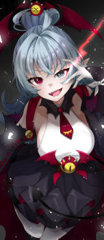 1girl black_skirt black_sleeves breasts chanax29 demon_tail detached_sleeves fangs general_geega_(underworld_casual) general_geega gloves grey_eyes hair_ornament halterneck heterochromia high-waist_skirt highres open_mouth pantyhose pointy_ears ponytail red_eyes shirt skirt sleeveless sleeveless_shirt slit solo spikes tail virtual_youtuber vshojo white_gloves white_pantyhose white_shirt
