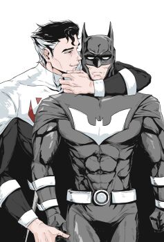 2boys abs arm_around_neck arm_belt batman batman_(series) belt belt_buckle black_hair buckle cape clenched_hands closed_mouth covered_collarbone covered_pectorals cowl dc_comics hashtag-only_commentary highres long_sleeves looking_at_another male_focus matta425183 multicolored_hair multiple_boys pectorals skin_tight smile standing streaked_hair superhero_costume superman superman_(series) white_hair yaoi