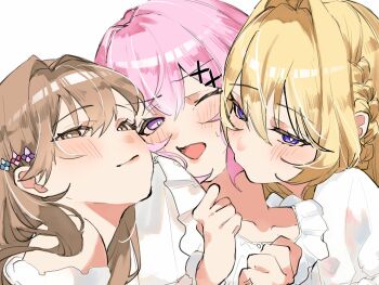 Rule 34 | 3girls, amaori renako, blonde hair, blue eyes, blush, brown eyes, brown hair, closed mouth, commentary request, girl sandwich, highres, long hair, medium hair, multiple girls, one eye closed, open mouth, ouzuka mai, pink hair, purple eyes, sa 3987, sandwiched, sena ajisai, shirt, simple background, smile, watashi ga koibito ni nareru wake naijan murimuri!, white background, white shirt, yuri