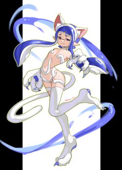 1girl absurdres agent_3_(splatoon) animal_ears artist_name blue_hair cat_ears cat_girl cat_tail claws closed_mouth commentary cosplay darkstalkers english_commentary felicia_(darkstalkers) felicia_(darkstalkers)_(cosplay) floating_hair highres ink inkling inkling_girl inkling_player_character long_hair navel nintendo norishiitsu pillarboxed pointy_ears smile solo splatoon_(series) splatoon_3 standing standing_on_one_leg tail tentacle_hair white_background