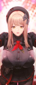 1girl animated animated_gif bent_over beret black_bra black_hat black_shirt black_skirt blinking blush boobplate bouncing_breasts bra bra_over_clothes breastplate breasts closed_eyes emma_(nikke) goddess_of_victory:_nikke green_eyes hat highres huge_breasts long_hair long_sleeves looking_at_viewer miniskirt non-web_source official_art open_mouth pantyhose pleated_skirt pouch shirt shoes shrug_(clothing) skirt standing thigh_pouch thighband_pantyhose underwear