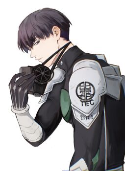 1boy black_gloves black_hair closed_mouth commentary_request from_side gas_mask gloves highres hoshina_soshiro kaijuu_no._8 korean_commentary looking_at_viewer male_focus mask mask_pull purple_eyes sagu_(9133t) short_hair simple_background solo upper_body white_background zipper