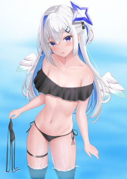 1girl absurdres alternate_hair_length alternate_hairstyle amane_kanata angel_wings bare_shoulders bikini black_bikini blue_hair blue_halo blue_wings blush breasts collarbone colored_inner_hair commentary_request feathered_wings gradient_wings hair_between_eyes hair_ornament halo highres hololive long_hair looking_at_viewer mini_wings multicolored_hair multicolored_wings navel open_mouth pink_eyes seriponpoyon side-tie_bikini_bottom small_breasts solo star_halo stomach swimsuit thigh_strap virtual_youtuber white_hair white_wings wings