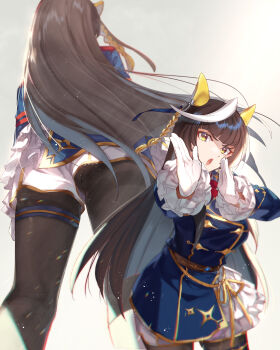 Rule 34 | 1girl, ahoge, animal ears, ascot, asymmetrical jacket, black hair, black pantyhose, blonde hair, blue jacket, blunt bangs, buttons, calstone light o (one true path) (umamusume), calstone light o (umamusume), commentary request, double-breasted, ear covers, frilled sleeves, frills, from behind, gloves, highres, horse ears, horse girl, horse tail, jacket, kabocha (monkey4), long hair, long sleeves, looking at viewer, multicolored hair, multiple views, open mouth, pantyhose, pronghorn, red ascot, shorts, simple background, solo, streaked hair, striped hair, tail, thigh strap, umamusume, v-shaped eyebrows, very long hair, white gloves, white hair, white shorts, yellow eyes