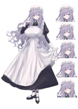 Rule 34 | 1girl, apron, black dress, black shoes, blush, breasts, closed mouth, collared dress, commentary request, dress, eurasia (wtp09ptw14), expression chart, francoise (eurasia), frilled apron, frills, full body, gem, gloves, green gemstone, hand up, hat, highres, large breasts, long hair, long sleeves, looking at viewer, maid, maid apron, mob cap, multiple expressions, one eye closed, original, parted bangs, purple eyes, purple hair, shoes, simple background, socks, solo focus, standing, sweat, wavy hair, white apron, white background, white gloves, white hat, white socks