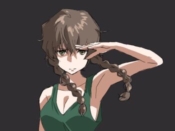 1girl braid brown_eyes brown_hair genderswap genderswap_(mtf) gundam gundam_wing heero_yuy salute tank_top twin_braids