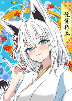 1girl absurdres ahoge animal_ear_fluff animal_ears asahi_takasu blush braid commentary_request fish fox_ears fox_girl fox_shadow_puppet fox_tail green_eyes hair_between_eyes hair_ornament happy_new_year highres hololive japanese_clothes kimono long_hair looking_at_viewer new_year red_nails shirakami_fubuki shirakami_fubuki_(new_year) sidelocks single_braid smile solo tail virtual_youtuber white_hair white_kimono