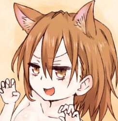 Rule 34 | 1girl, :d, animal ear fluff, animal ears, breasts, brown eyes, brown hair, cat day, cat ears, claw pose, commentary request, hair between eyes, hands up, i.u.y, kemonomimi mode, light blush, long bangs, looking at viewer, medium breasts, medium hair, nude, open mouth, orange background, portrait, shiny skin, shokuhou misaki, smile, solo, toaru majutsu no index, v-shaped eyebrows