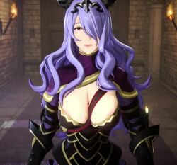 1girl 3d animated areola_slip armor between_breasts breasts camilla_(fire_emblem) castle_interior cleavage cutscene dress female_focus fire_emblem fire_emblem_fates gloves hair_over_one_eye hands_on_another&#039;s_cheeks hands_on_another&#039;s_face indoors large_breasts long_hair nintendo nodusfm pov pov_focus purple_hair solo strap_between_breasts video video_game_screencap