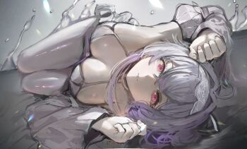 1girl ahoge arms_up breasts cleavage detached_sleeves goddess_of_victory:_nikke hair_between_eyes hair_intakes hairband highres legs_together leotard liberalio_(nikke) light_smile looking_at_viewer lying on_side oval_blue pantyhose purple_hair red_eyes short_hair_with_long_locks solo twintails white_leotard white_pantyhose white_sleeves