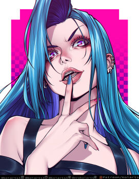 1girl absurdres alternate_hairstyle asymmetrical_bangs bare_shoulders blue_nails border braces collarbone ear_piercing earrings fangs finger_to_mouth hand_up highres jewelry jinx_(league_of_legends) koiarts league_of_legends long_hair looking_at_viewer nail_polish open_mouth piercing pink_background pink_eyes portrait red_eyes red_nails solo white_border