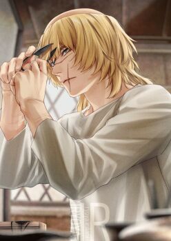 Rule 34 | 1boy, badeni, blonde hair, blue eyes, chi.: chikyuu no undou ni tsuite, cutting hair, cutting own hair, grey shirt, highres, indoors, iorbtyn, male focus, medium hair, no eyepatch, scar, scar on face, scar on mouth, scar on nose, scissors, shirt, solo, tonsure, upper body, watermark, window