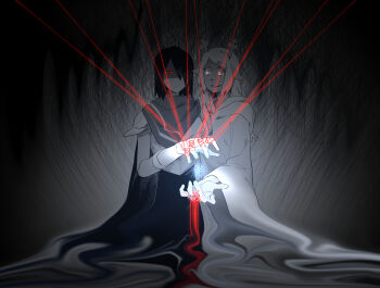 1girl 1other armor colored_sclera commentary_request deer_girl deltarune greyscale highres hood hood_down hooded_robe kris_(dark_world)_(deltarune) kris_(deltarune) long_hair looking_at_viewer melting monochrome noelle_holiday noelle_holiday_(dark_world) puppet_strings red_eyes red_sclera robe scarf spot_color string string_of_fate thorn_ring_(deltarune) utdr_(toby_fox) wei_qie_zaisheng weird_route_(deltarune)