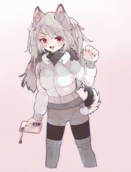 alternate_costume animal_ear_fluff animal_ears artist_request azur_lane cellphone_charm charm_(object) dog_girl down_jacket grey_hair hair_ribbon highres holding holding_phone jacket long_hair nail_polish non-web_source phone red_eyes ribbon self-upload shorts simple_background tail thighhighs turtleneck yuudachi_(azur_lane)