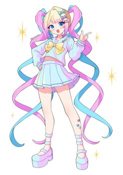 1girl :d blonde_hair blue_eyes blue_hair blue_serafuku blunt_bangs blush bow chest_bow chouzetsusaikawa_tenshi-chan colored_tips finger_gun full_body hair_bow hand_on_own_hip highres looking_at_viewer masakamea midriff multicolored_hair multiple_hair_bows needy_girl_overdose open_mouth pink_hair platform_sandals quad_tails sandals school_uniform serafuku sidelocks smile solo sparkle standing