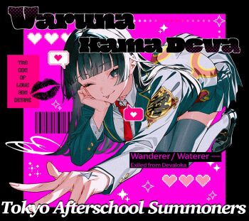 1girl :p all_fours black_border black_eyes black_hair black_jacket black_skirt black_thighhighs blunt_bangs border closed_mouth collared_shirt commentary_request english_text fructua_kk hand_tattoo heart heart-shaped_pupils jacket lipstick_mark long_hair looking_at_viewer necktie one_eye_closed outside_border pink_background pixel_heart pixel_star protagonist_2_(housamo) red_necktie school_uniform shirt sidelocks skirt solo speech_bubble spoken_heart star_(symbol) symbol-shaped_pupils tattoo thighhighs tokyo_houkago_summoners tongue tongue_out white_shirt