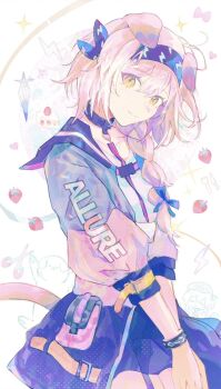 1girl animal_ears arknights black_hairband black_skirt braid cake cake_slice cat_ears cat_girl cat_tail chibi choker commentary cowboy_shot creator_connection drone english_commentary food fruit goldenglow_(arknights) hairband head_tilt highres infection_monitor_(arknights) jacket lightning_bolt_symbol long_hair mizuki_(arknights) pink_hair pink_jacket pouch scissors shirt simple_background skirt solo strawberry tail tamago_nashi white_background white_shirt yellow_eyes