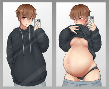1girl baggy_clothes big_belly black_hoodie black_panties blush breasts brown_eyes brown_hair cameltoe cellphone clothes_lift clothes_on_and_off covered_erect_nipples drawstring grey_pants hair_between_eyes highres holding holding_phone hood hood_down hoodie linea_nigra long_sleeves midriff milk_the_slime navel no_bra original panties pants phone pregnant selfie shirt short_hair sleeves_past_wrists smartphone solo stomach sweatpants taking_picture tomboy underboob underwear