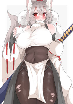 1girl absurdres animal_ear_fluff animal_ears black_gloves blush breasts commentary covered_navel fingerless_gloves gloves grey_hair hat highres huge_breasts inubashiri_momiji kourindou_tengu_costume looking_at_viewer open_mouth pelvic_curtain pom_pom_(clothes) red_eyes red_hat regua ribbon-trimmed_sleeves ribbon_trim short_hair simple_background solo stomach sword tail tokin_hat touhou weapon white_background wolf_ears wolf_girl wolf_tail