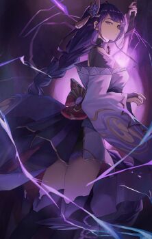 Rule 34 | 1girl, arm up, back bow, blunt bangs, bow, braid, bridal gauntlets, closed mouth, clothing cutout, electricity, emlia07973290, from side, genshin impact, glowing, glowing sword, glowing weapon, hashtag-only commentary, highres, holding, holding sword, holding weapon, japanese clothes, katana, kimono, lingerie, long braid, looking at viewer, looking to the side, mitsudomoe (shape), mole, mole under eye, musou isshin (genshin impact), neck ribbon, purple background, purple eyes, purple hair, purple kimono, purple thighhighs, raiden shogun, red ribbon, ribbon, shade, shoulder cutout, single braid, solo, sword, thighhighs, thighs, tomoe (symbol), underwear, upper body, weapon, wide sleeves
