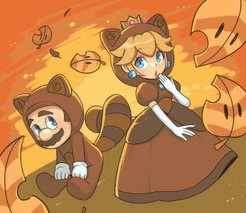 1boy 1girl animal_costume bbik_gam3 blonde_hair blue_eyes cat_costume commentary earrings facial_hair gloves hand_to_own_mouth jewelry leaf looking_at_viewer mario mario_(series) mustache nintendo parted_lips pink_lips poking princess_peach raccoon_costume raccoon_mario sideburns sitting sunset super_mario_3d_world super_mario_3d_world_+_bowser's_fury the_super_mario_bros._movie untranslatable_commentary white_gloves