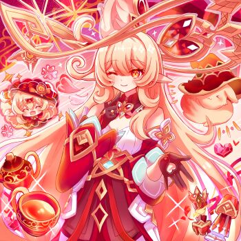 Rule 34 | 2girls, alice (genshin impact), black gloves, blonde hair, breasts, chess piece, closed eyes, closed mouth, commentary request, cup, dodoco (genshin impact), dress, elf, genshin impact, gloves, hair between eyes, hat, highres, klee (blossoming starlight) (genshin impact), klee (genshin impact), long hair, looking at viewer, medium breasts, mother and daughter, multiple girls, official alternate costume, one eye closed, open mouth, orange eyes, pointy ears, smile, teacup, teapot, user ghaf3443, witch hat