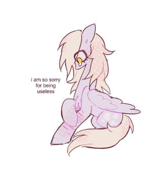 Rule 34 | 1girl, blonde hair, commentary, crying, crying with eyes open, derpy hooves, derpymccallion, english commentary, english text, feathered wings, from side, full body, hand on own arm, highres, long hair, my little pony, my little pony: friendship is magic, pegasus, pony (animal), self-harm, sitting, solo, tears, wings, wrist cutting, yellow eyes