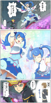 1boy 1girl 1other blonde_hair blue_angel_(yu-gi-oh!) blue_hair brown_hair card dress formal_clothes fujiki_yusaku highres multicolored_hair mushiro_(nijie728995) nijie pink_hair playmaker_(yu-gi-oh!) red_hair school_uniform shirt suit twintails two-tone_hair white_shirt yu-gi-oh! yu-gi-oh!_vrains zaizen_aoi