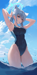Rule 34 | 1girl, absurdres, animal ear fluff, animal ears, armpits, black one-piece swimsuit, blue archive, blue eyes, blue halo, blue one-piece swimsuit, blue sky, breasts, collarbone, competition swimsuit, covered navel, cross, cross hair ornament, dot nose, extra ears, eyelashes, hair between eyes, hair ornament, halo, highleg, highleg swimsuit, highres, inverted cross, looking at viewer, medium breasts, mismatched pupils, mouth hold, one-piece swimsuit, rianya07, ribbon, ribbon in mouth, shiroko (blue archive), shiroko (swimsuit) (blue archive), sidelocks, sky, solo, standing, swimsuit, thighs, two-tone swimsuit, water, wolf ears