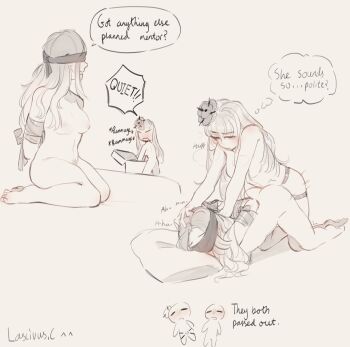 2girls arms_behind_back bdsm blindfold blush bondage bound bound_arms breasts commentary completely_nude coquelic_(path_to_nowhere) dildo doggystyle english_commentary english_text female_pubic_hair flower gradient_hair hair_flower hair_ornament hand_on_another&#039;s_head highres korichi_celeste long_hair medium_breasts monochrome multicolored_hair multiple_girls nipples nude path_to_nowhere pillow pubic_hair sex sex_from_behind sex_toy shalom_(path_to_nowhere) simple_background speech_bubble strap-on thought_bubble yuri