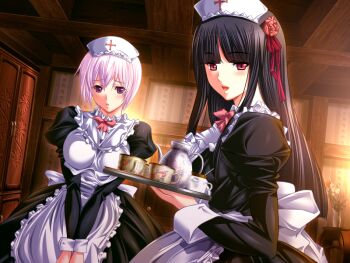 2girls :d apron black_dress black_hair blush breasts cup dress dutch_angle game_cg hilda_(toriko_no_hime) holding holding_tray large_breasts long_hair lydia_(toriko_no_hime) m&amp;m_(mickey_and_mackey) maid maid_apron multiple_girls open_mouth own_hands_together pink_hair purple_eyes red_eyes short_hair smile tea teacup toriko_no_hime tray