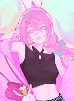 1girl animal_ear_headphones animal_ears aubrey_(birthday)_(omori) aubrey_(faraway)_(omori) aubrey_(omori) bag blue_eyes bow braid charm_(object) crop_top fake_animal_ears futo_(tofuutoufofuto) hair_between_eyes hair_bow hair_ornament hairclip hand_on_headphones handbag headphones highres jacket long_hair omori parallel_hairclips pink_bag pink_hair pink_jacket simple_background