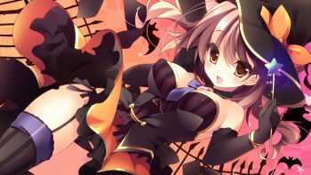 1girl :d bare_shoulders black_gloves black_thighhighs blush breasts brown_eyes brown_hair covered_erect_nipples dutch_angle female_focus fushimi_rio garter_straps gloves halloween hat highres kami_no_ue_no_mahou_tsukai large_breasts looking_at_viewer open_mouth skirt smile solo sushimekabu thighhighs uguisu_kagura wand witch_hat