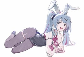 1girl animal_ears bare_shoulders cuffs fake_animal_ears handcuffs hatsune_miku highleg highleg_leotard leotard long_hair looking_at_viewer lying michia_(bourgognepony) multicolored_hair on_side open_mouth pantyhose playboy_bunny rabbit_hole_(vocaloid) simple_background solo strap streaked_hair thigh_strap twintails vocaloid white_background