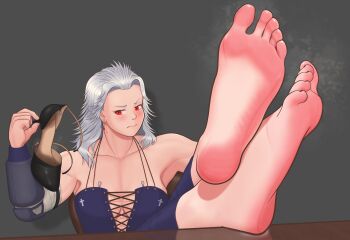 Rule 34 | 1girl, absurdres, barefoot, blush, dorohedoro, feet, feet on table, grey hair, highres, long hair, looking at object, noi (dorohedoro), red eyes, rml6, shoes, single shoe, soles, steam, toes, unworn shoes