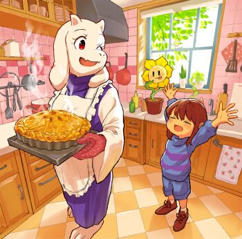 1girl 1other ;d =_= amber_graygamma apron arms_up brown_hair brown_shoes child closed_eyes day drawer fangs flower_pot flowey_(undertale) food frilled_apron frills frisk_(undertale) furry furry_female goat_girl goat_horns happy holding holding_tray horns indoors kitchen one_eye_closed open_mouth outstretched_arms oven_mitts pie red_eyes scenery shoes short_hair skin_fangs smile standing steam tile_floor tiles toriel tray undertale utdr_(toby_fox) white_apron window