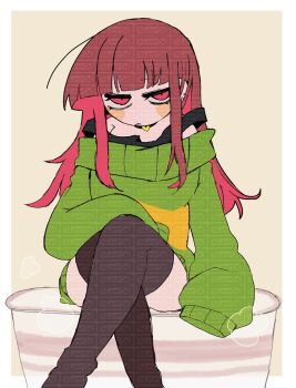 Rule 34 | 1girl, ass, black thighhighs, blush, blush stickers, brown hair, cake, chara (undertale), choker, commentary request, ear piercing, food, genderswap, genderswap (otf), green sweater, heart, highres, long hair, long sleeves, looking at viewer, mr0x0, multicolored hair, open mouth, piercing, red eyes, red hair, shirt, sitting, sleeves past fingers, sleeves past wrists, solo, striped clothes, striped sweater, sweater, thighhighs, thighs, too many watermarks, two-tone hair, two-tone sweater, undertale, utdr (toby fox), watermark, watermark grid