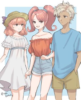 1boy 2girls alternate_costume bare_shoulders blue_shirt blue_shorts boey_(fire_emblem) brown_eyes dark-skinned_male dark_skin denim denim_shorts dress fire_emblem fire_emblem_echoes:_shadows_of_valentia fluffy_hair frilled_sleeves frills genny_(fire_emblem) hand_in_pocket hat highres holding_hands looking_at_another mae_(fire_emblem) multiple_girls nintendo pink_hair puffy_short_sleeves puffy_sleeves red_shirt shirt short_hair short_sleeves shorts sign simple_background straw_hat sun_hat sundress tea6043 twintails white_dress white_hair white_shirt