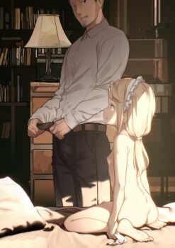 1boy 1girl age_difference ass barefoot blonde_hair blvefo9 clothed_male_nude_female commentary_request feet flat_chest indoors loli long_hair long_sleeves looking_at_another maid_headdress nude original panties shirt sitting soles standing toes underwear white_shirt