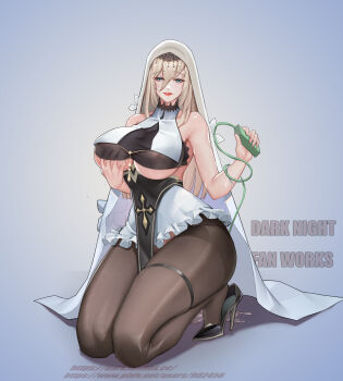 1girl absurdres aponia blue_eyes breasts brown_hair dark_night_(darkotl) full_body grabbing_own_breast high_heels highres honkai_(series) honkai_impact_3rd large_breasts large_variant_set long_hair looking_at_viewer nun pussy_juice solo variant_set veil